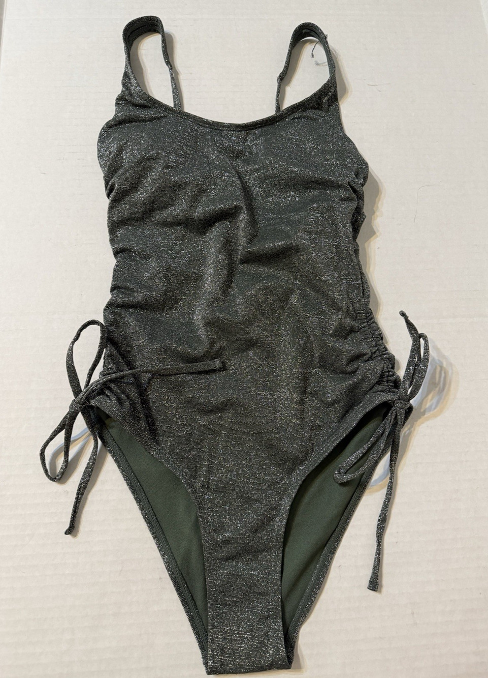 NWT $32 Xhilaration Metallic Side-Cinch One Piece Swimsuit Green Size XS *read..